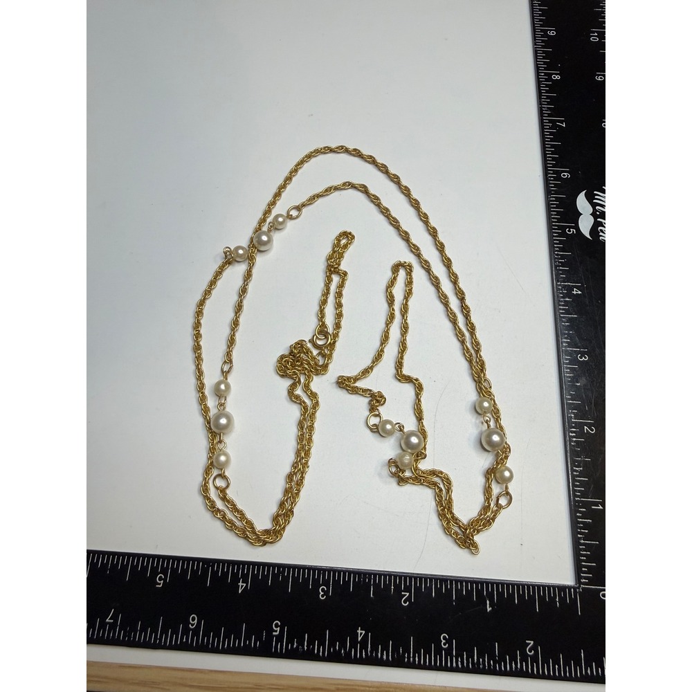 Vintage Gold Tone Rope Chain Long Station Faux Pearl Necklace 40 In Opera Length